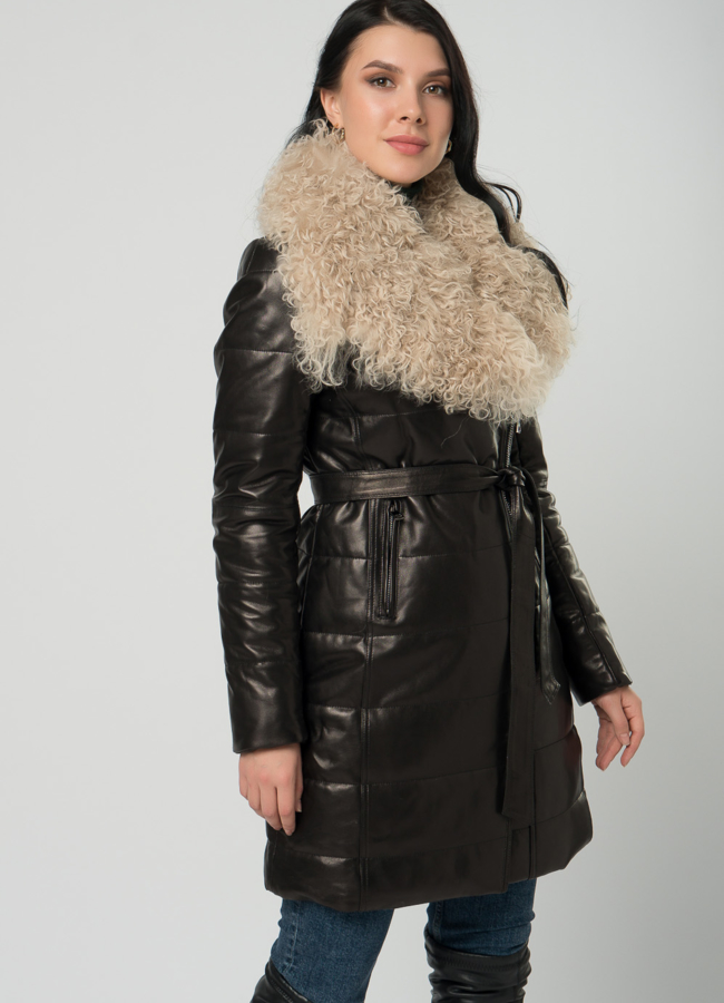 Пуховик из натуральной кожи с мехом модель № 72916 меха малина