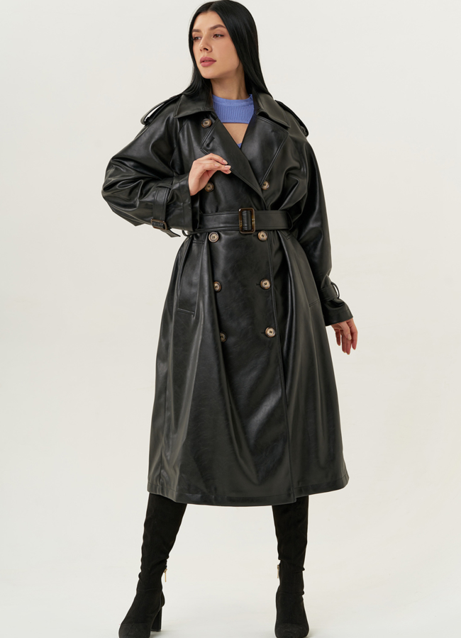 Женский плащ из эко кожи черного цвета модель № 22267 универмаг малина