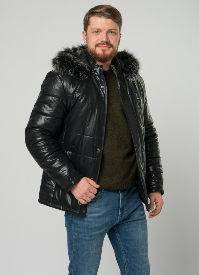 Мужской пуховик из эко кожи черного цвета модель № 21876 универмаг малина