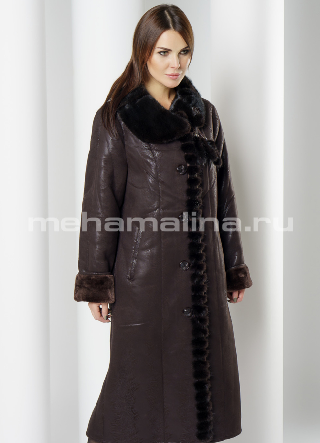 фото Удлиненная эко дубленка с отделкой из норки модель № J010