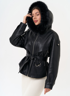 Женская утепленная куртка из эко кожи с поясом Женская утепленная куртка из эко кожи с поясом