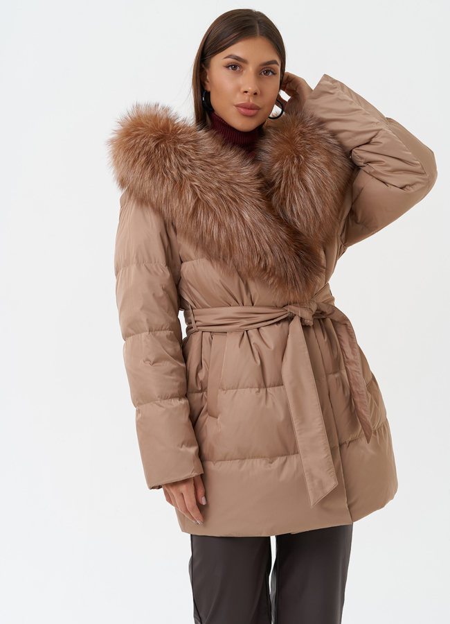 Пуховик с отделкой из меха чернобурки модель № 28854 меха малина