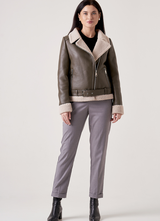 Дубленка из эко меха цвета хаки модель № 18811 в рассрочку