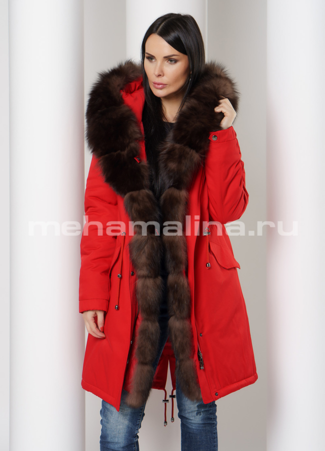 Парка красного цвета с меховой отделкой из песца модель № 75756 универмаг малина