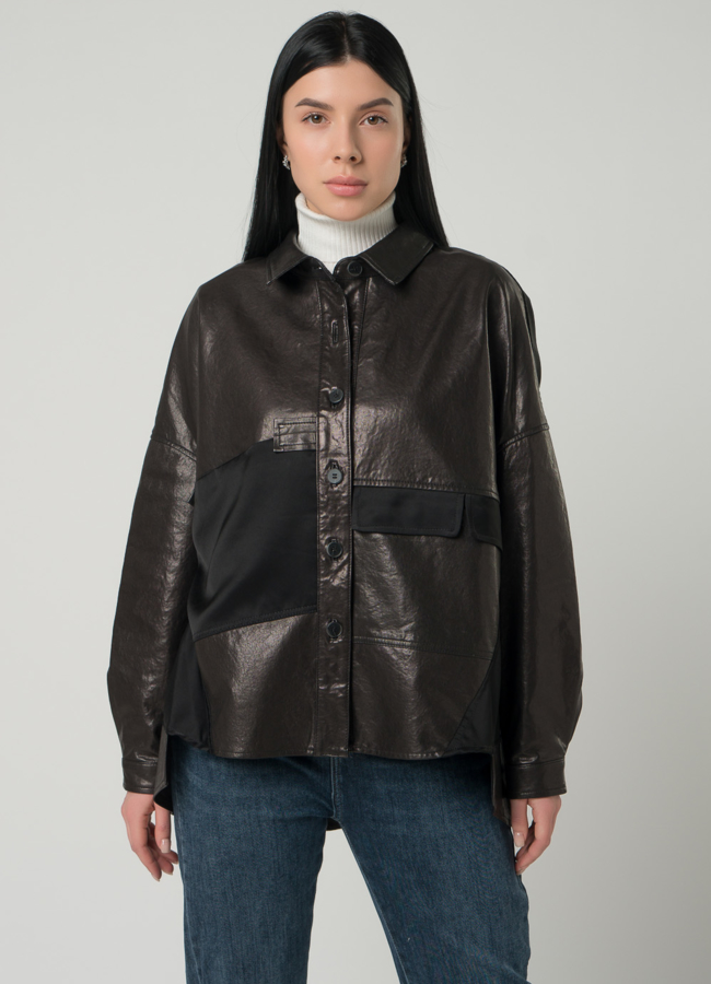 Женская куртка-рубашка из натуральной кожи  модель № 22337 меха малина