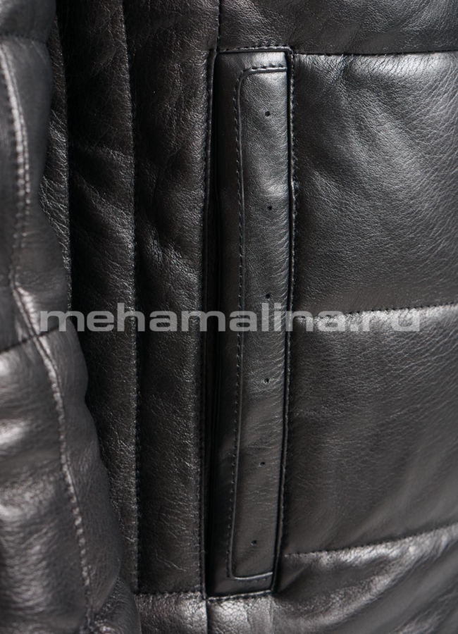 Кожаный пуховик черного цвета на молнии модель № ПМ-104 универмаг малина