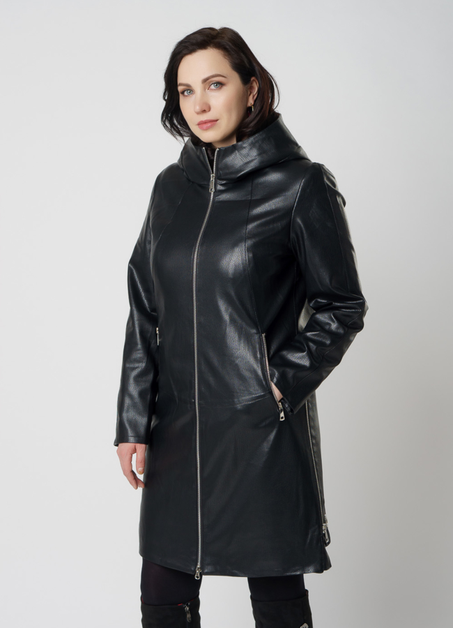 Пальто женское из эко кожи черного цвета модель № 18249 в рассрочку