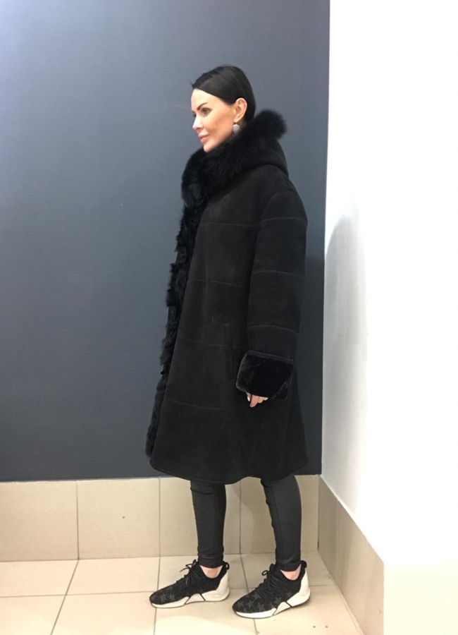 Удлиненная дубленка из эко замши черного цвета модель № A-08 в кредит