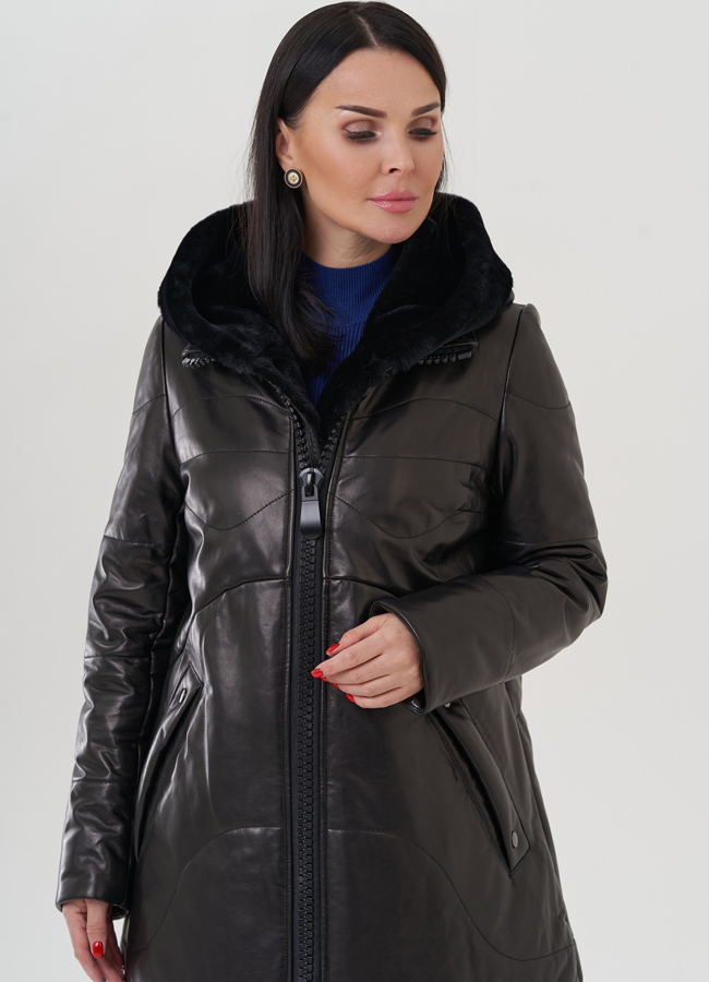 Пуховик из натуральной кожи на молнии с капюшоном модель № 19575 универмаг малина Пуховик из натуральной кожи на молнии с капюшоном модель № 19575 универмаг малина