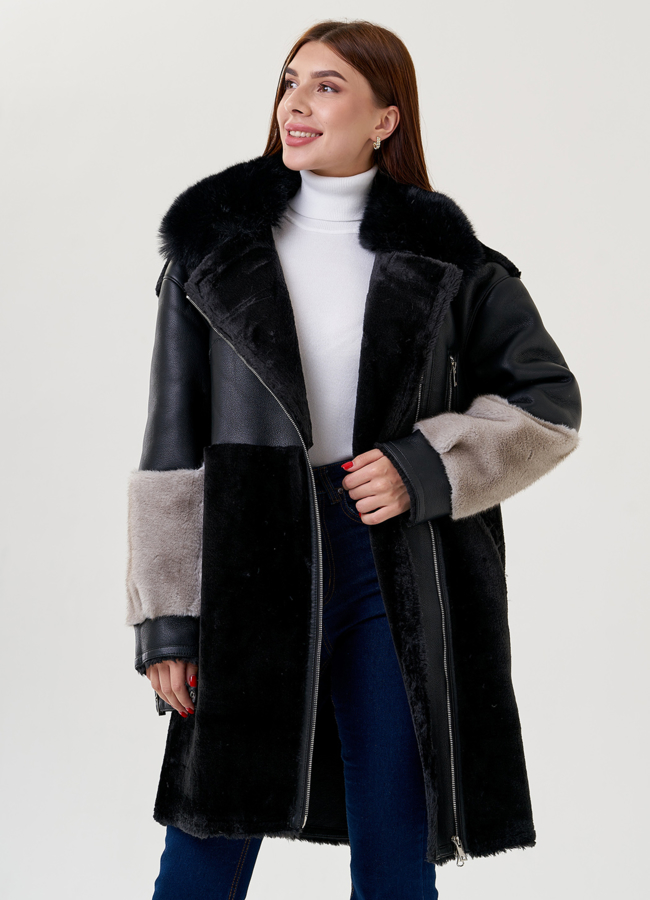 Комбинированная дубленка из искусственной кожи модель № 79313 универмаг малина