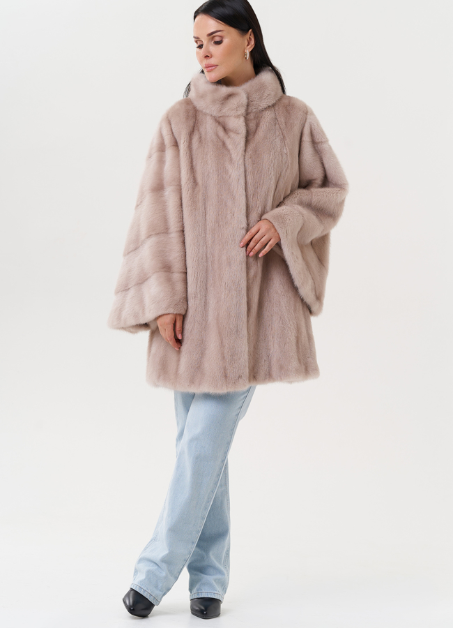 фото Женская норковая шуба бежевого цвета модель № 27591