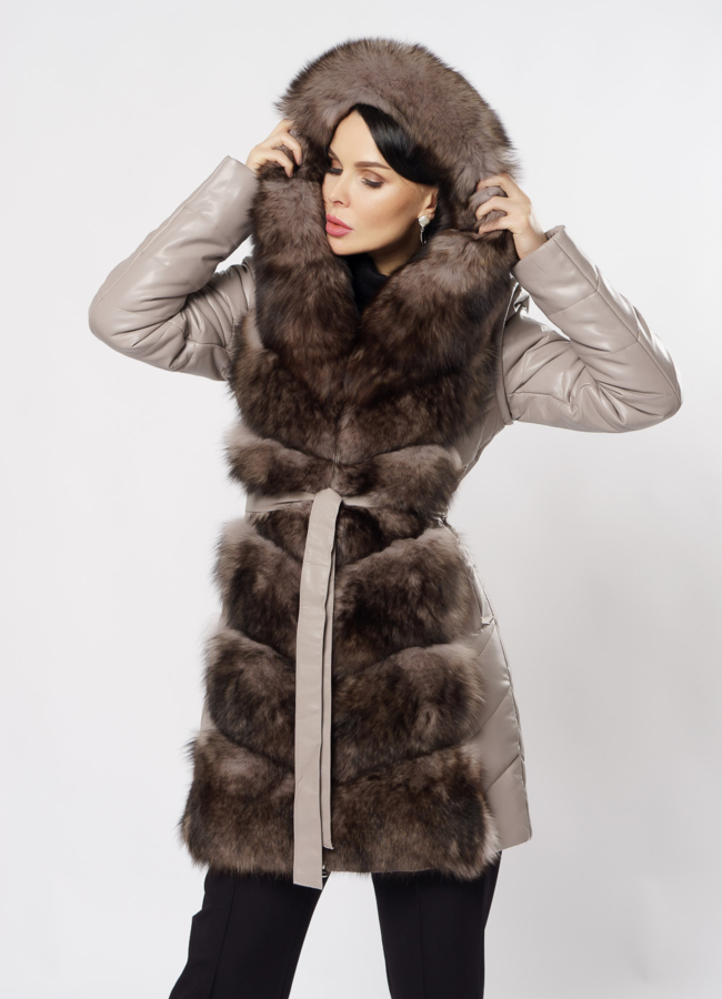 Пуховик-трансформер из эко кожи с капюшоном модель № 11750 в рассрочку