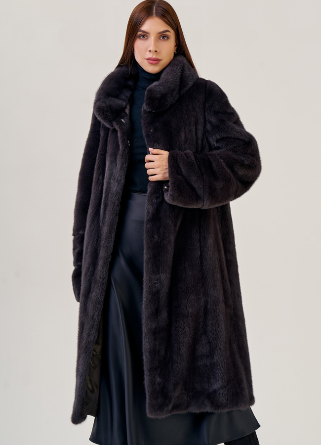 Длинная шуба из норки с воротником - стойкой модель № 78829 универмаг малина