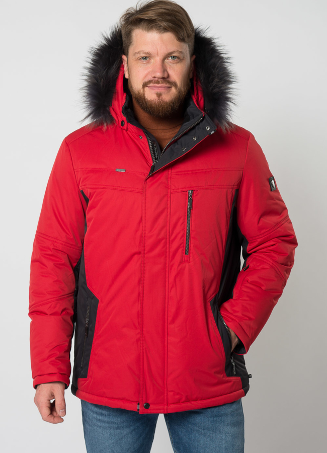 Куртка красного цвета на молнии с капюшоном, отделка енот модель № 21666 меха малина