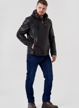 Мужская кожаная куртка с капюшоном