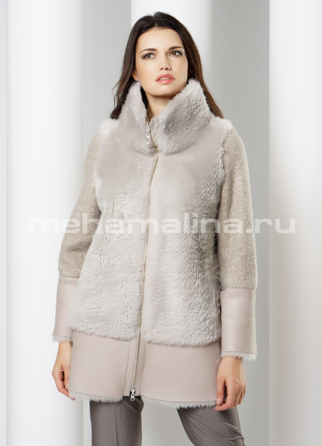 Дубленка модель № D-214 меха малина