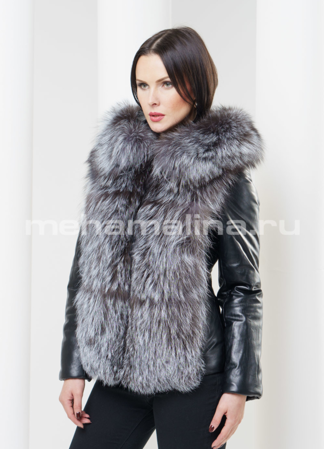 Женская кожаная куртка с чернобуркой модель № K-262 меха малина