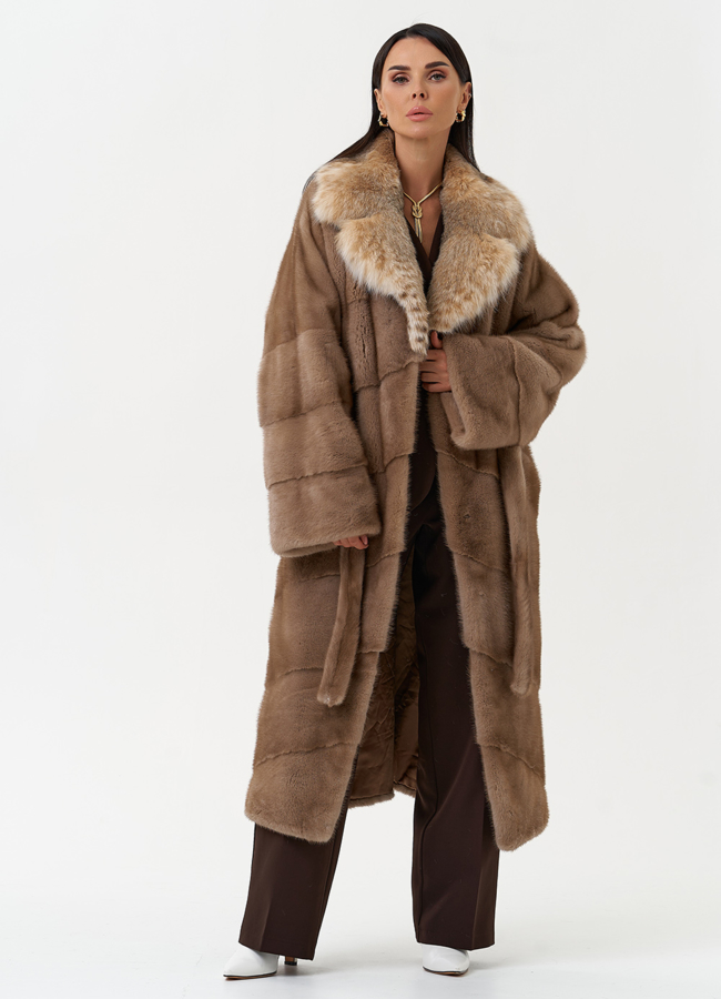 Женская шуба из меха норки с воротником из меха рыси модель № 31163 меха малина