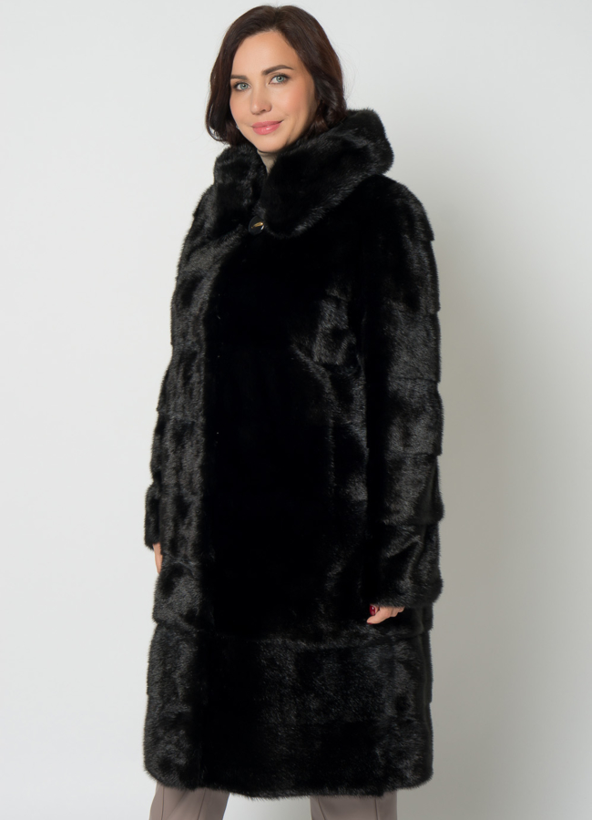 Норковая шуба с капюшоном в черном цвете  модель № 20949 в кредит