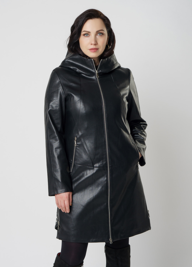 Пальто женское из эко кожи черного цвета модель № 18249 меха малина