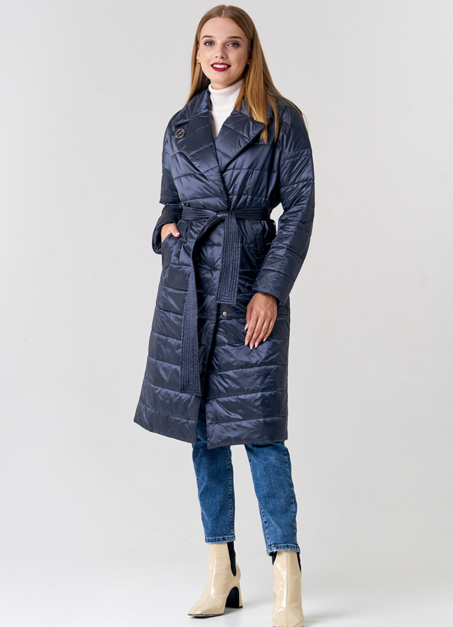 Женское стеганое пальто с поясом модель № 21643 меха малина