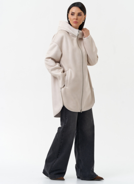 Женская дубленка из эко замши с капюшоном