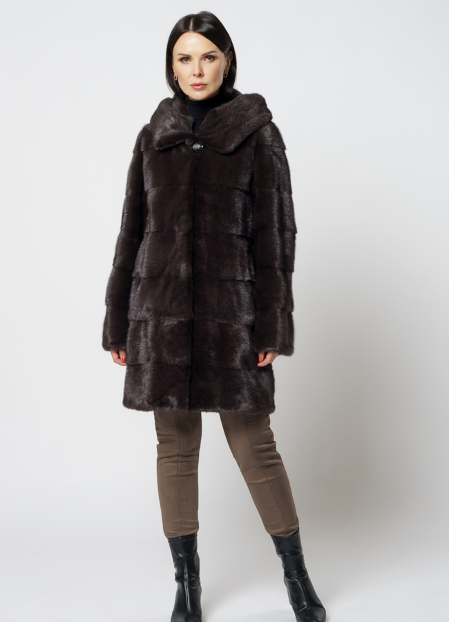 Норковая шуба с капюшоном цвета уголь модель № S-821 в рассрочку