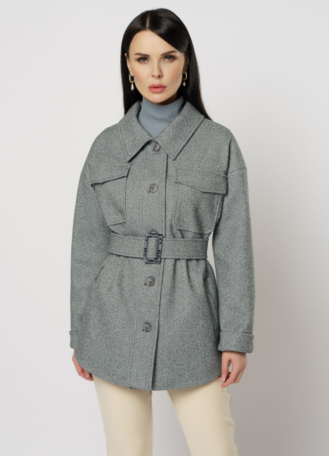 Женское пальто-рубашка серого цвета модель № 20762 меха малина