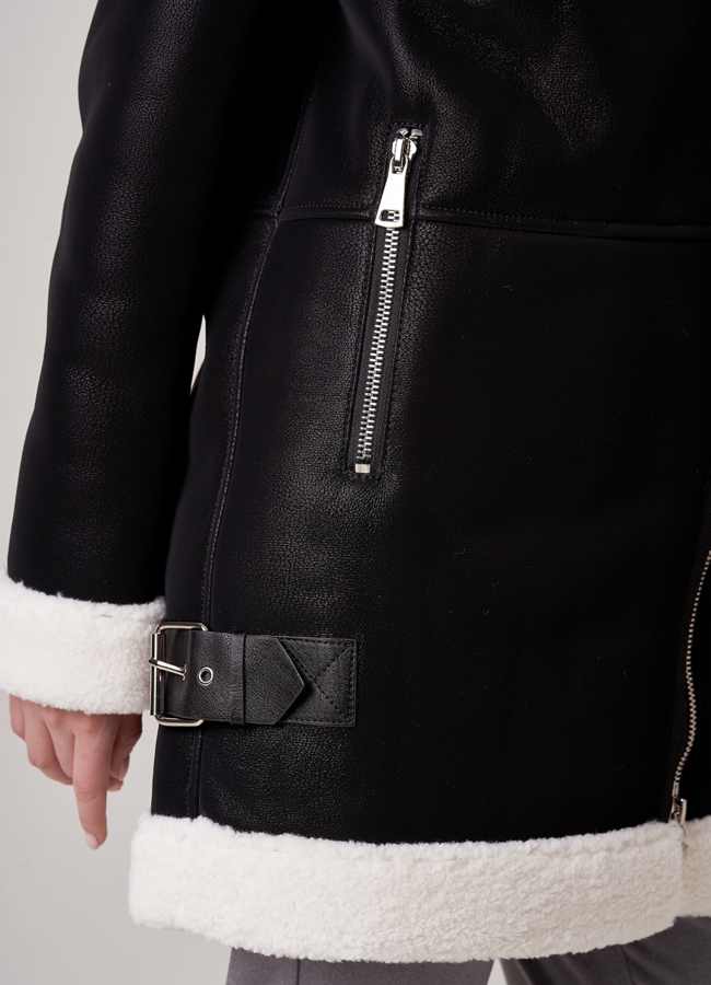 Удлиненная дубленка авиатор черного цвета модель № 18812 в кредит