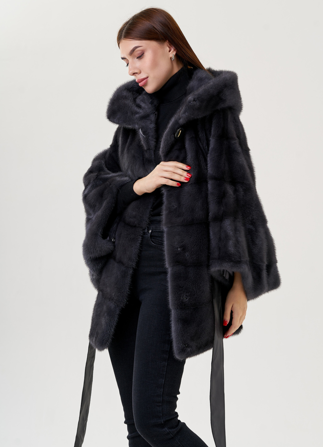 Шуба из норки в цвете графит с капюшоном  модель № 23359 универмаг малина
