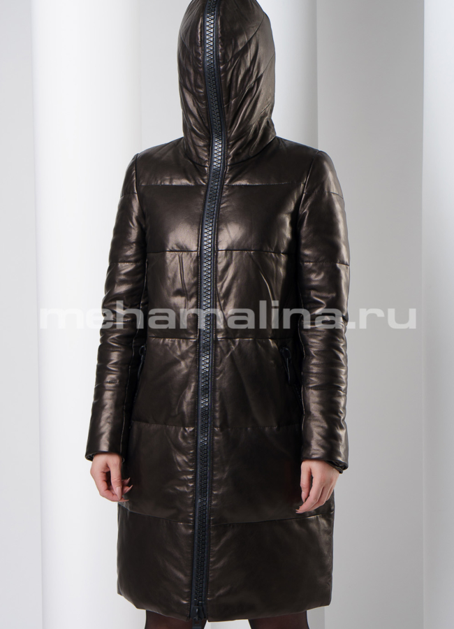 Стеганое кожаное пальто модель № K-386 универмаг малина