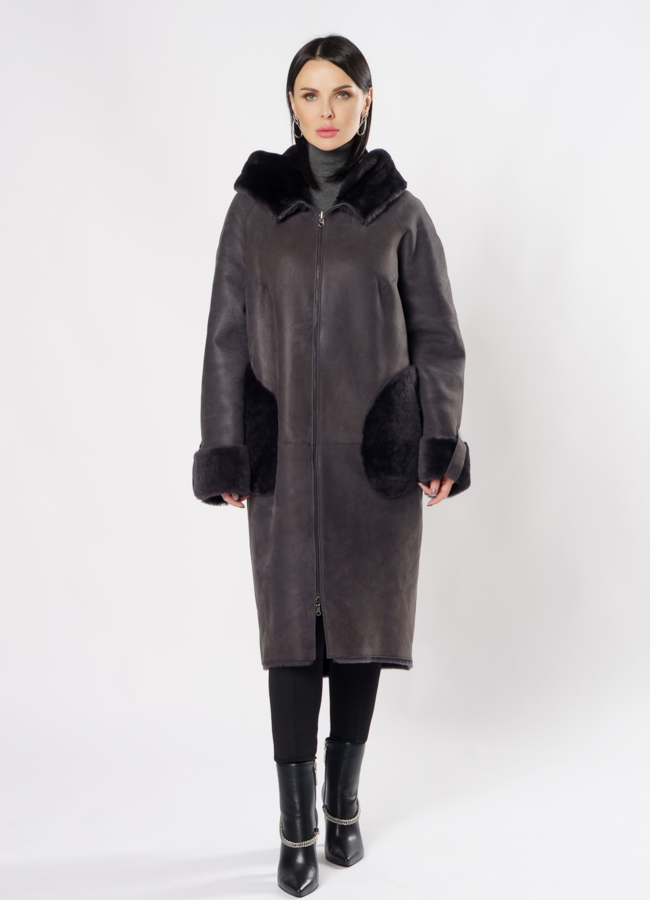 фото Двусторонняя дубленка с капюшоном на молнии модель № 3486
