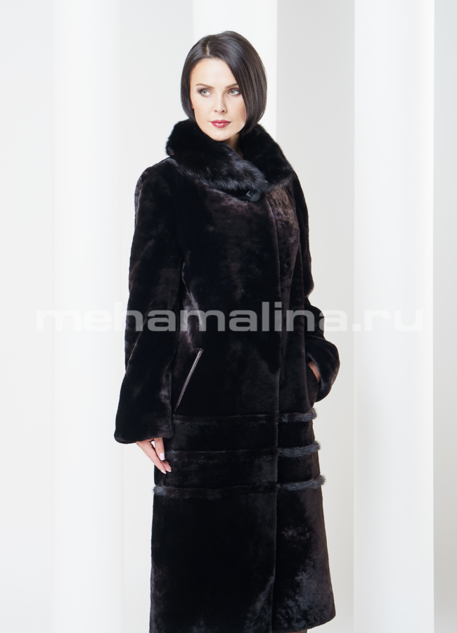 Шуба из мутона, воротник норка модель № S-303 меха малина