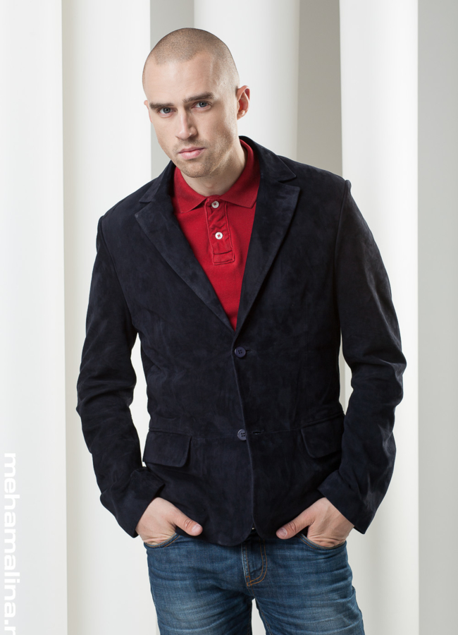 Замшевый пиджак, цвет синий модель № KP-65 меха малина