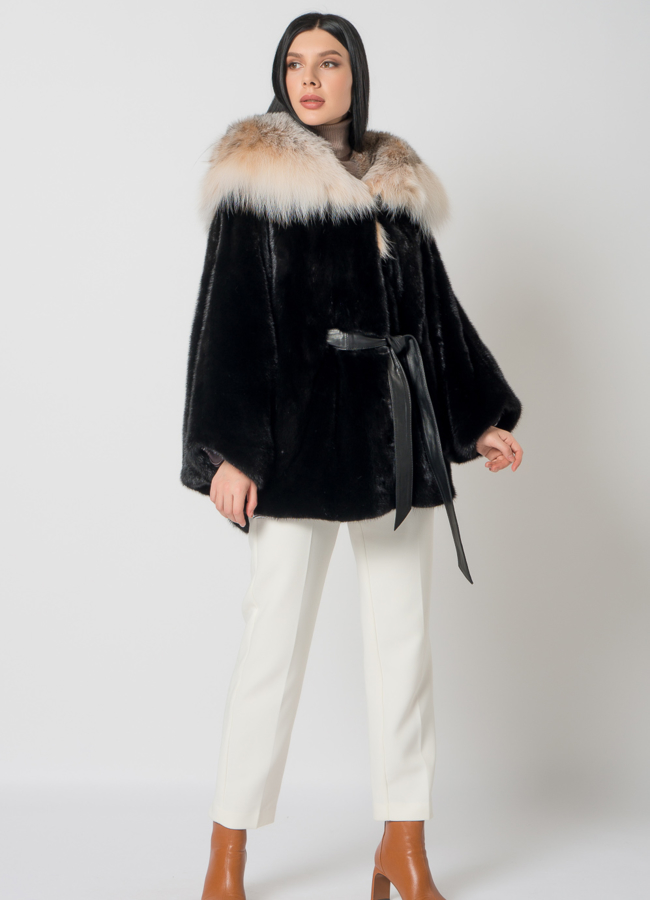 фото Шуба из скандинавской норки с рысью модель № 1405