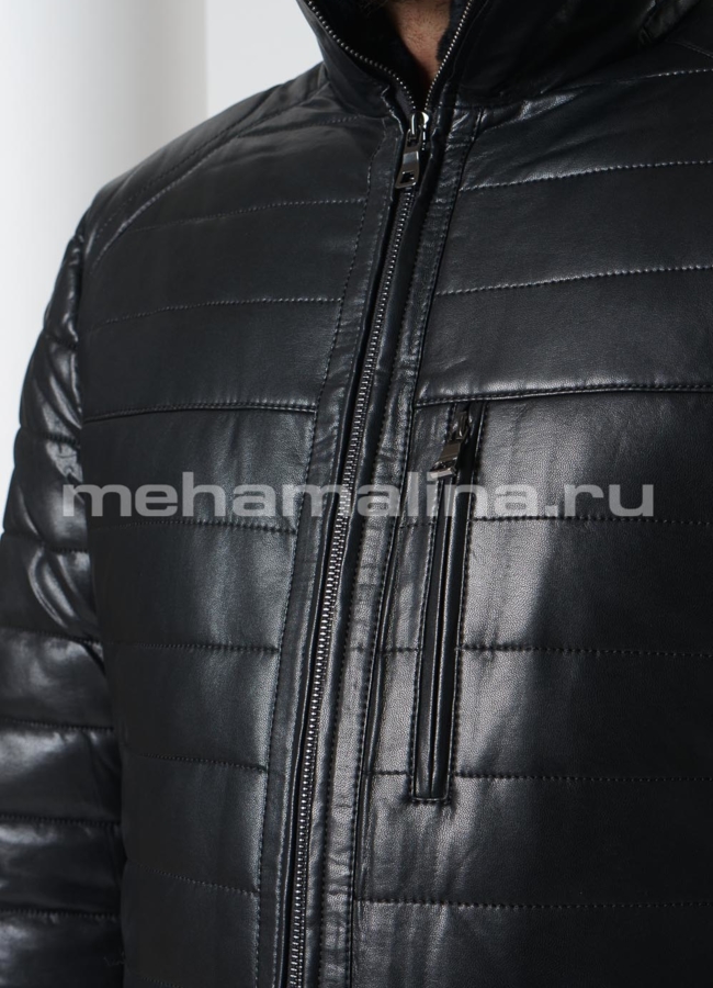 Пуховик из эко кожи черного цвета, на молнии, отделка овчина модель № KP-237 универмаг малина