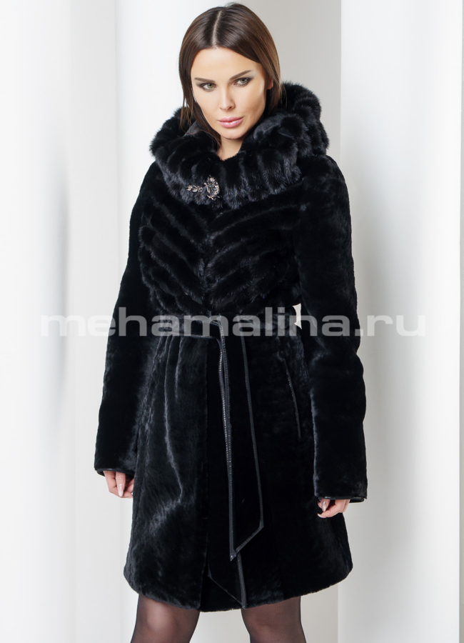 Шуба из мутона с капюшоном модель № S-566 универмаг малина