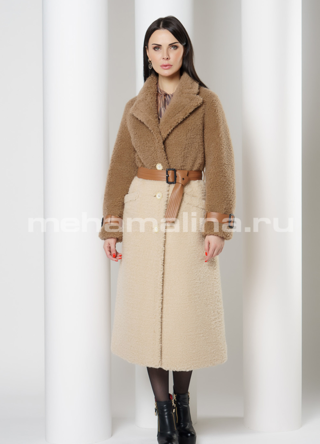 Искусственная шуба с поясом модель № K88621Y меха малина