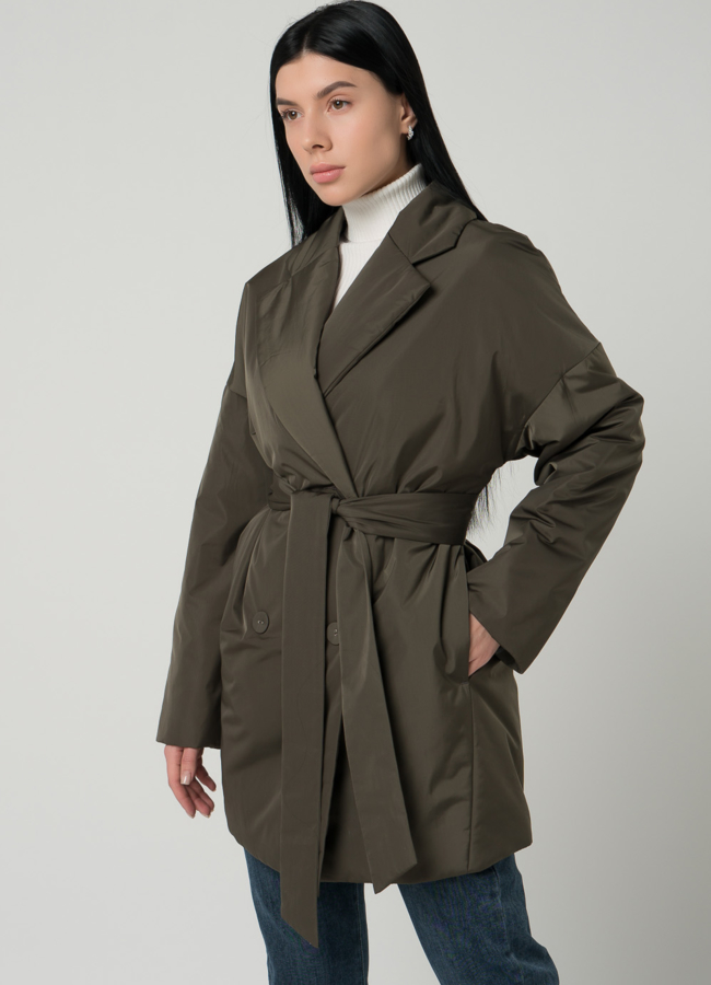 Женское двубортное полупальто с поясом модель № 21160 в кредит