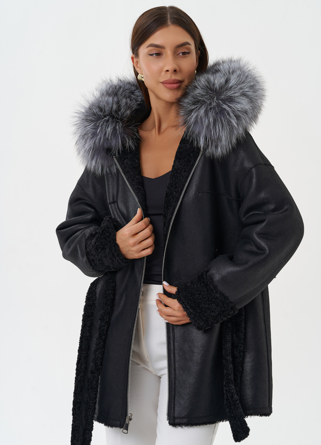 Двухсторонняя дубленка из эко кожи с капюшоном модель № 27772 универмаг малина