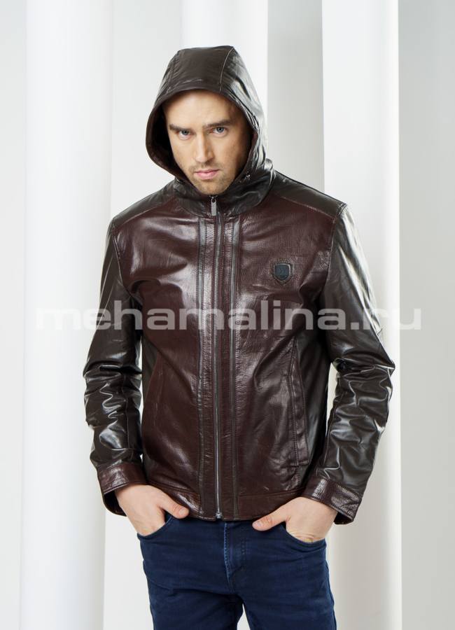 Кожаная куртка с капюшоном, цвет коричневый модель № KP-96 в кредит