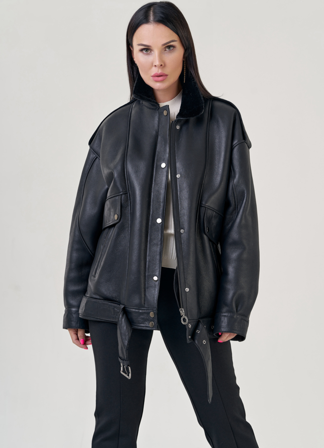 Женская дубленка пилот черного цвета  модель № 22240 универмаг малина