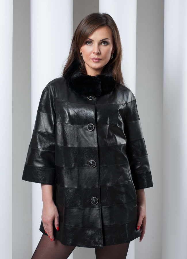 Куртка из комбинированной кожи/замши с норкой модель № K-72 меха малина