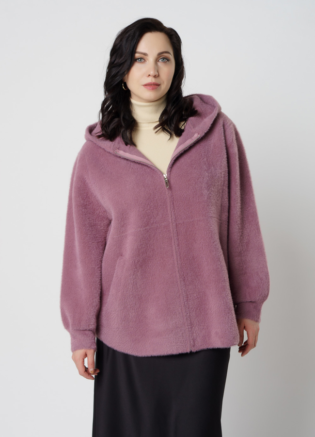 Женский короткий кардиган с капюшоном модель № 9852 меха малина