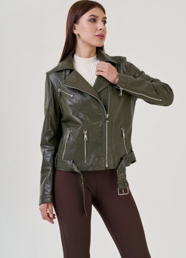 Кожаная куртка зеленого цвета модель № 10622 универмаг малина