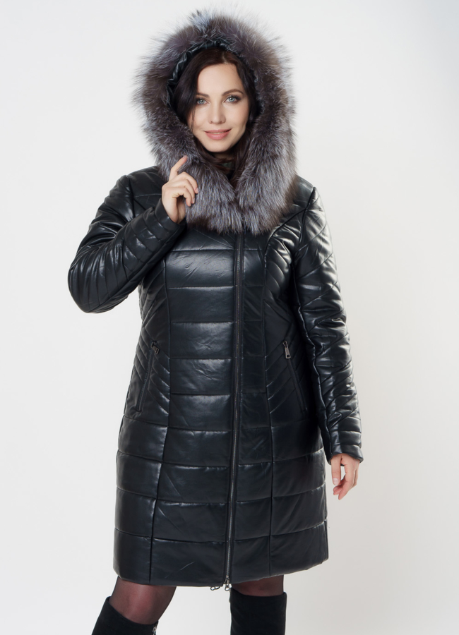 Пуховик из эко кожи черного цвета с капюшоном модель № 983 универмаг малина