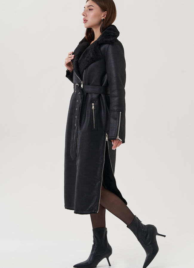 Дубленка из эко замши с английским воротником  модель № 25410 в рассрочку