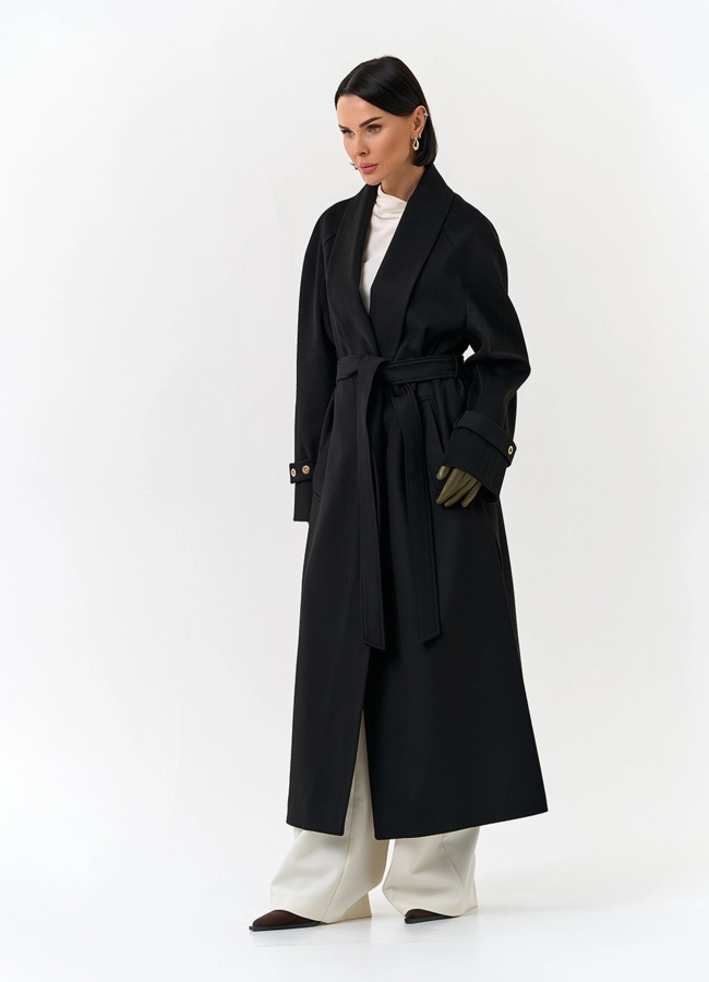 Женское длинное пальто с поясом модель № 32851 универмаг малина