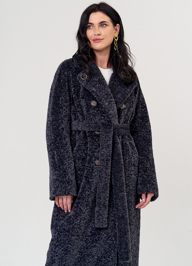 Пальто из эко меха в сером цвете модель № 21378 меха малина