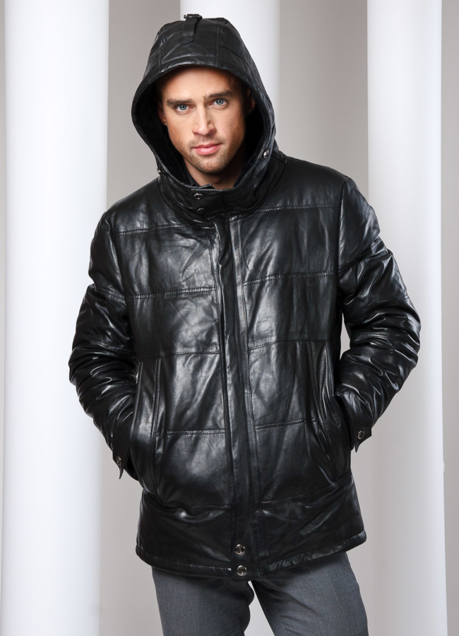 Кожаный пуховик с капюшоном. модель № ПМ-6 в рассрочку